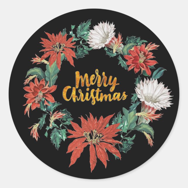 Frohe Weihnachten Blumenstrauß Poinsettia Wreath a Runder Aufkleber (Vorderseite)