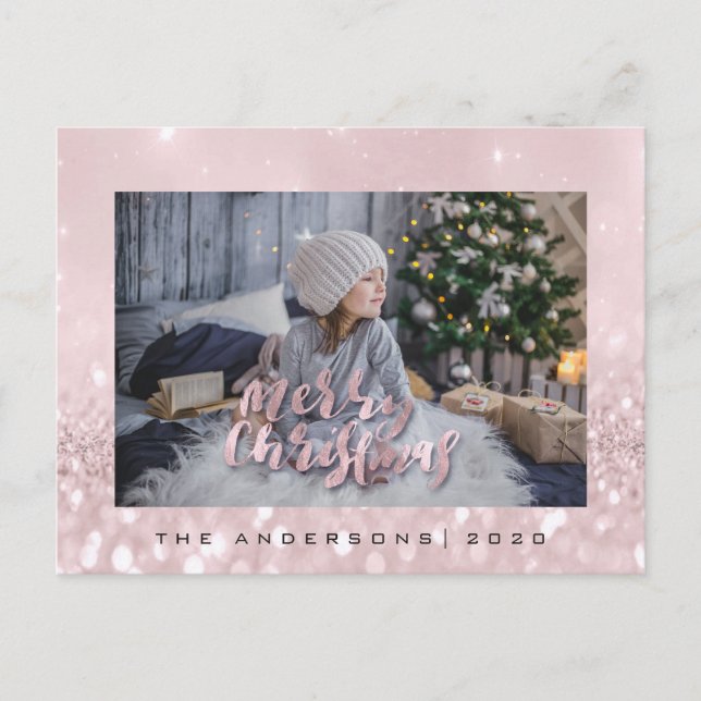 Frohe Weihnachten Blush Gold Spark Foto Glitzer Postkarte (Vorderseite)
