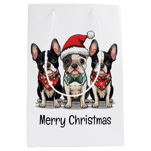 Frohe Weihnachten Boston Terrier Dogs Mittlere Geschenktüte (Vorderseite)