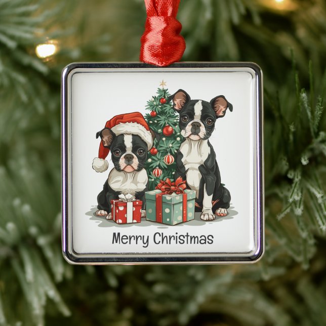 Frohe Weihnachten Boston Terrier Dogs Ornament Aus Metall (Baum)