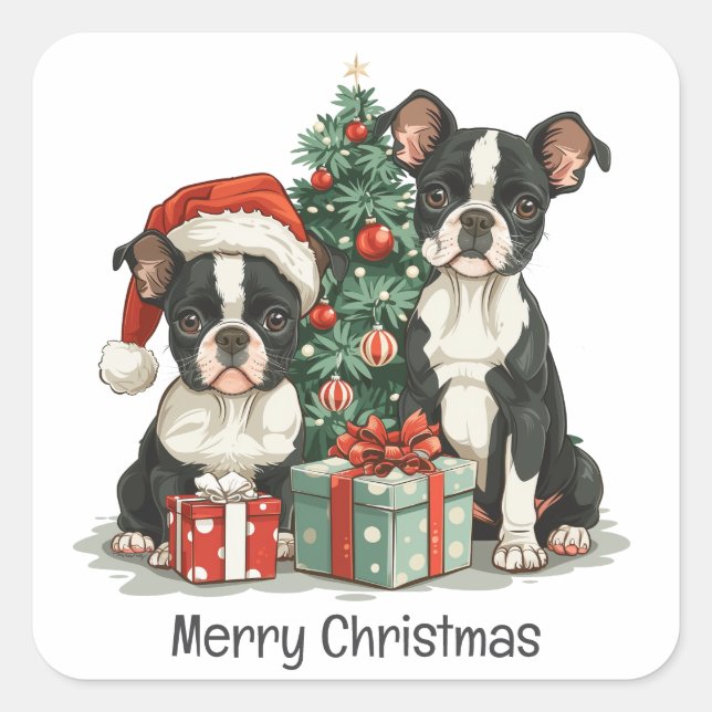 Frohe Weihnachten Boston Terrier Dogs Quadratischer Aufkleber (Vorderseite)