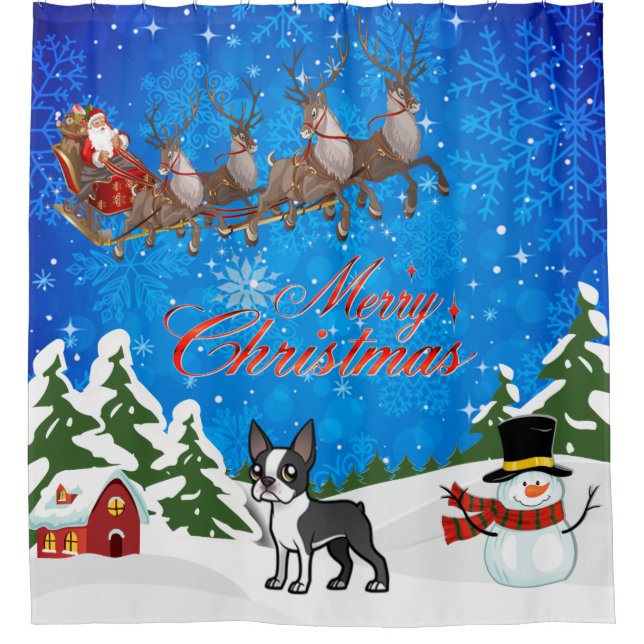 Frohe Weihnachten Boston Terrier Duschvorhang (Vorderseite)
