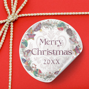 Frohe Weihnachten Botancial & Baubles Wreath Runder Aufkleber