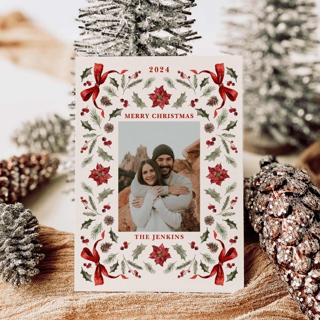 Frohe Weihnachten Botanischer Familienurlaub Foto (Elegant Botanical Family Photo Card)