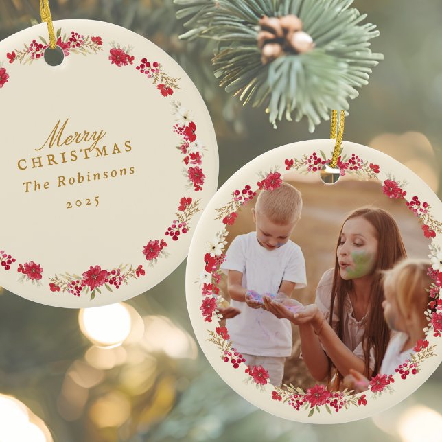 frohe Weihnachten botanischer Kranz Foto Urlaub Keramik Ornament (Von Creator hochgeladen)