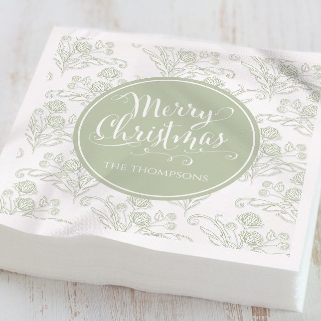 Frohe Weihnachten Botanisches Elegant Grüne Blüte Serviette (Elegant sage green botanical Merry Christmas personalized holiday cocktail napkin.)