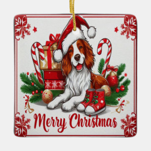 Frohe Weihnachten Bretagne Hund mit Weihnachtsmann Keramikornament