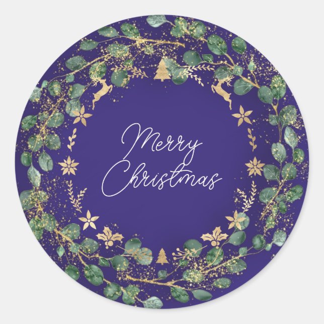 Frohe Weihnachten Brown Green Wreath Woodland Blue Runder Aufkleber (Vorderseite)