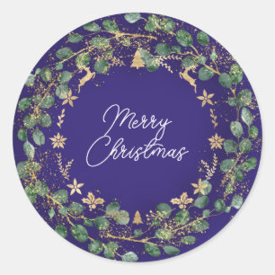 Frohe Weihnachten Brown Green Wreath Woodland Blue Runder Aufkleber