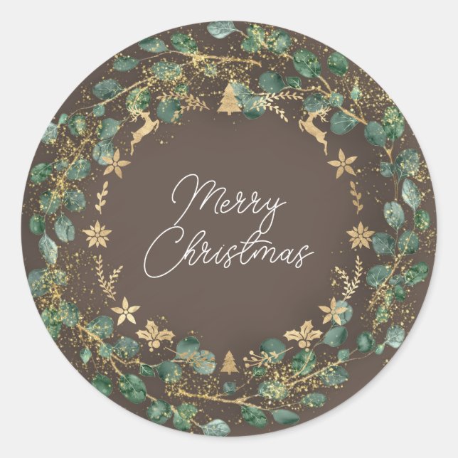 Frohe Weihnachten Brown Green Wreath Woodland Gold Runder Aufkleber (Vorderseite)