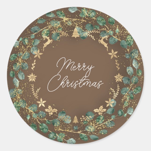 Frohe Weihnachten Brown Green Wreath Woodland Runder Aufkleber (Vorderseite)