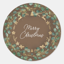 Frohe Weihnachten Brown Green Wreath Woodland Runder Aufkleber