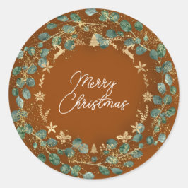 Frohe Weihnachten BrownGoldWreath Woodland Woodlan Runder Aufkleber