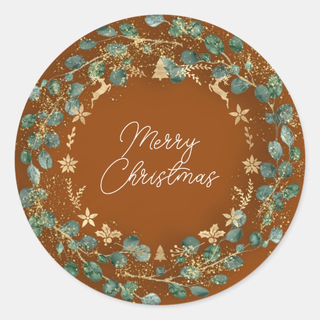 Frohe Weihnachten BrownGoldWreath Woodland Woodlan Runder Aufkleber (Vorderseite)