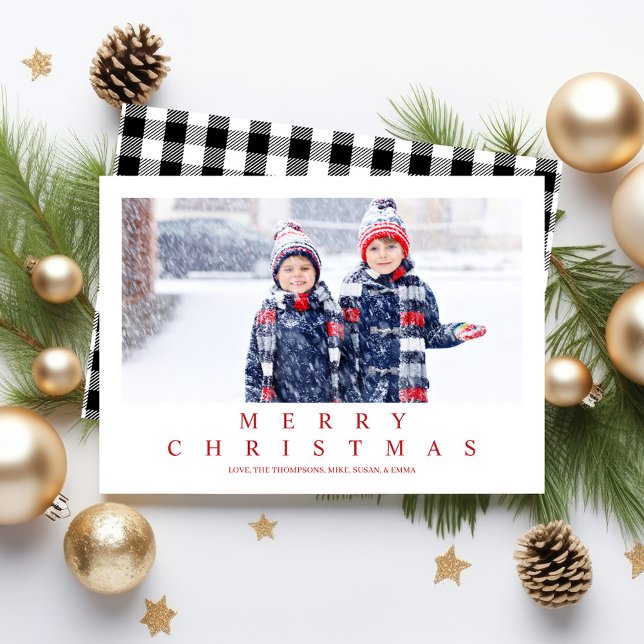 Frohe Weihnachten Buffalo Check Foto (Simple buffalo check pattern Merry Christmas Photo Card template.)