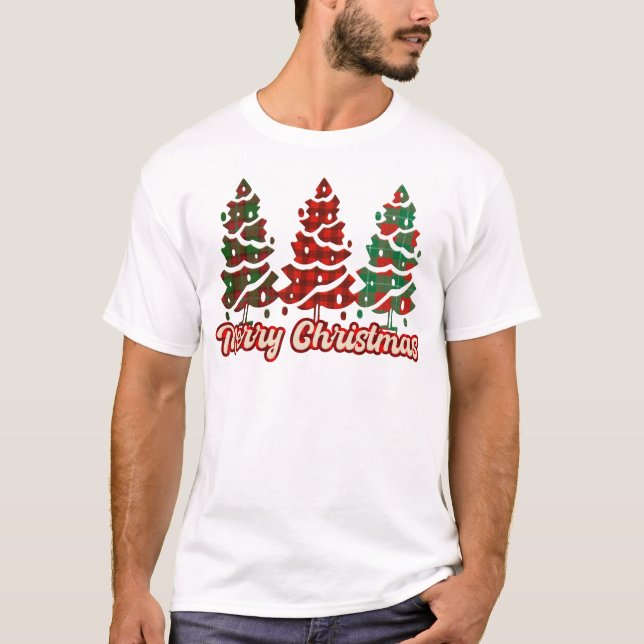 Frohe Weihnachten - Buffalo Karierte Bäume Design T-Shirt (Vorderseite)