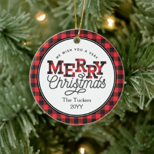 FROHE Weihnachten Buffalo Karo Foto Weihnachten Keramik Ornament