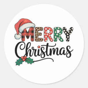 Frohe Weihnachten Büffel Kariert Santa Hut Liebe X Runder Aufkleber
