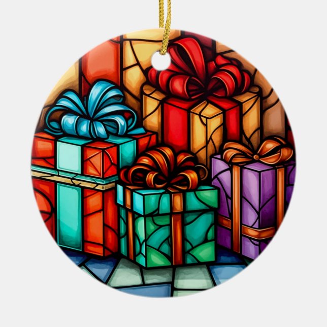 Frohe Weihnachten Buntglasstil Keramik Ornament (Vorne)