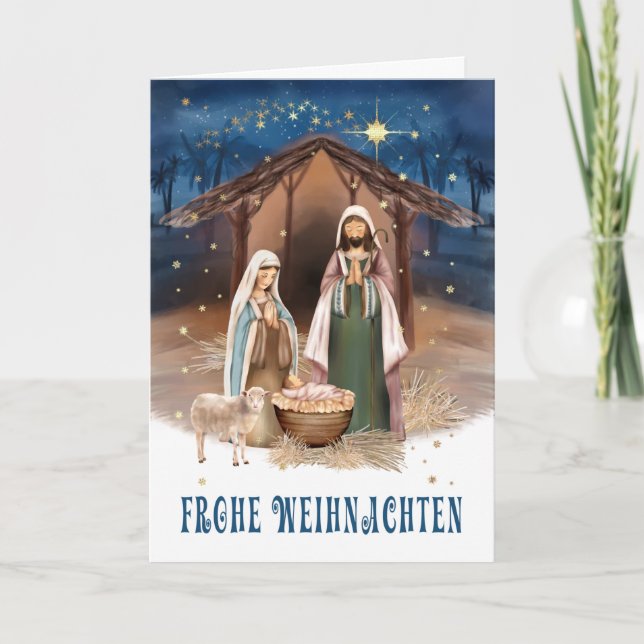 Frohe Weihnachten. Carte de la crèche en allemand (Devant)
