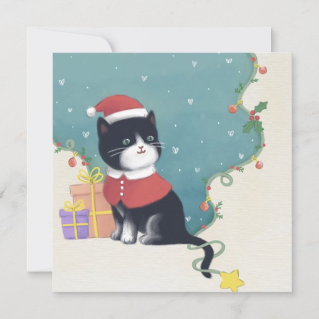Frohe Weihnachten: Cat Illustration Art Einladung (Vorderseite)