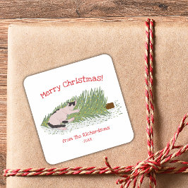 Frohe Weihnachten! Cat vs Christmas Tree Holidays Quadratischer Aufkleber