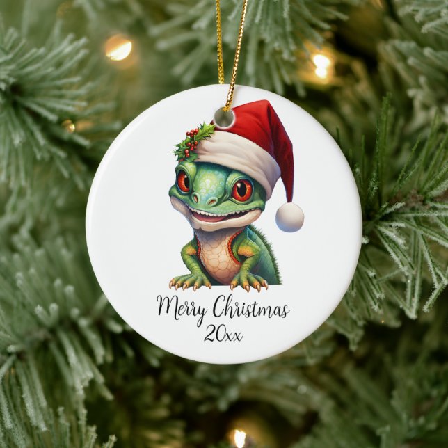 Frohe Weihnachten Chameleon Weihnachtsmannmütze Ho Keramik Ornament (Baum)