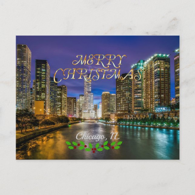 Frohe Weihnachten, Chicago River bei Sunset Postkarte (Vorderseite)