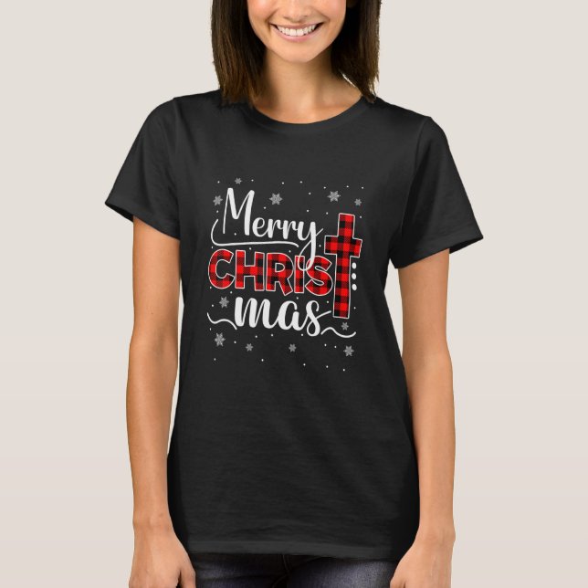 Frohe Weihnachten Christlich Cross Buffalo Kariert T-Shirt (Vorderseite)