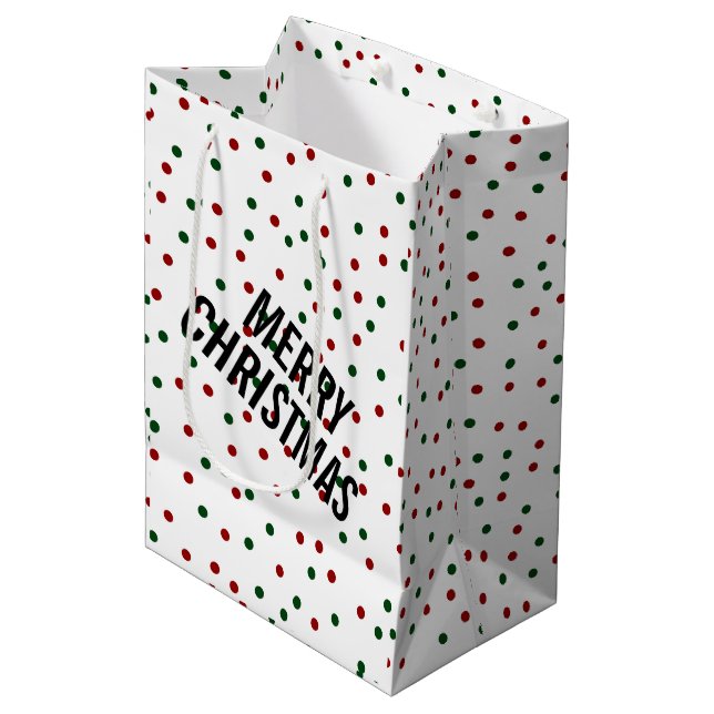 Frohe Weihnachten Confetti Polka Dots Red Green Mittlere Geschenktüte (Vorderseite Schrägansicht)