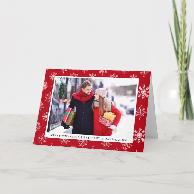Frohe Weihnachten Couple Foto Schneeflocken Rot (Vorderseite)