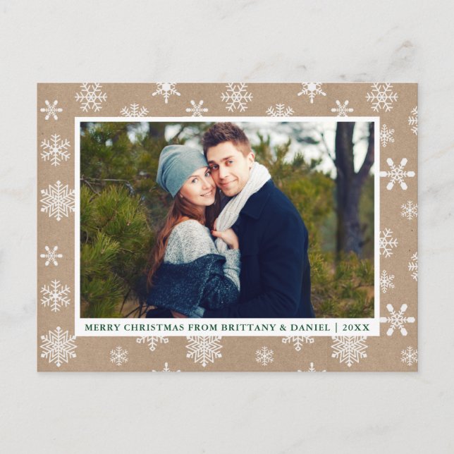 Frohe Weihnachten Couple Foto Snowflakes Kraft Postkarte (Vorderseite)