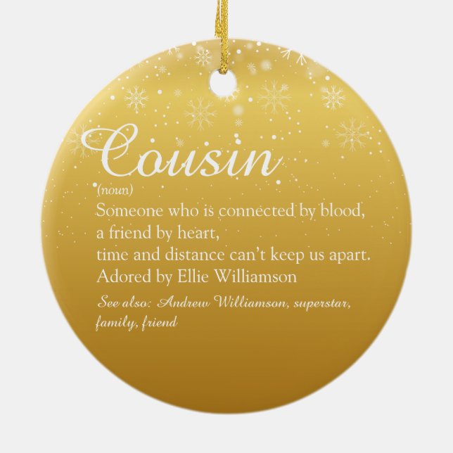 Frohe Weihnachten Cousin Definition Gold Snowflake Keramik Ornament (Hinten)