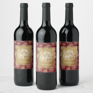 Frohe Weihnachten Cranberry Gold Snowflakes Weinetikett