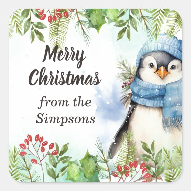 Frohe Weihnachten Custom aus dem Namen Penguin Quadratischer Aufkleber (Vorderseite)