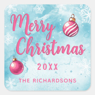 Frohe Weihnachten Custom Blau und Rosa Quadratischer Aufkleber