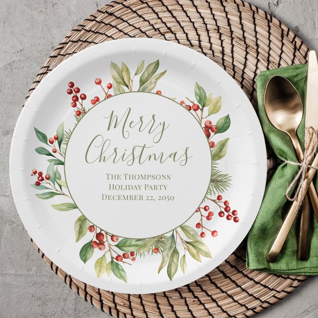 Frohe Weihnachten Custom Greenery Wreath Pappteller (Custom Merry Christmas holiday greenery paper plate. )