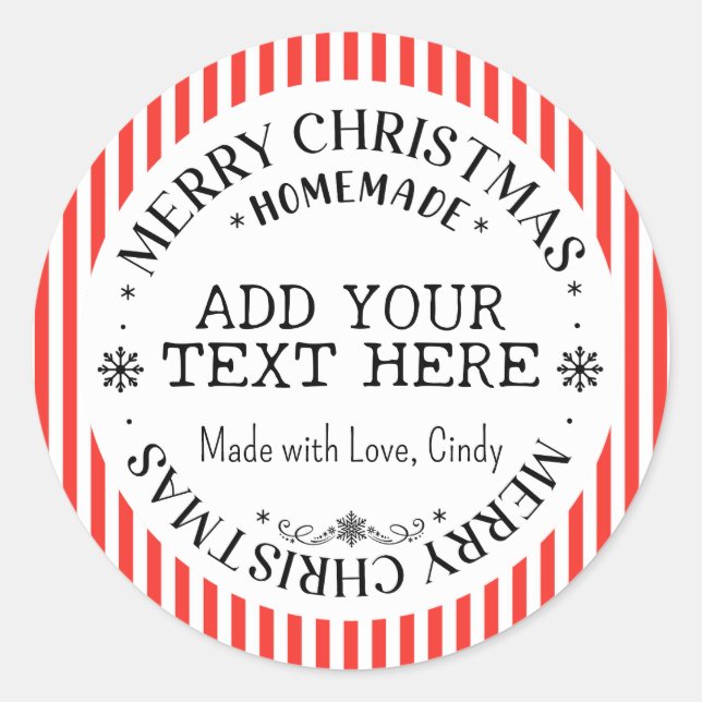 Frohe Weihnachten Custom Red Stripes hausgemacht Runder Aufkleber (Vorderseite)