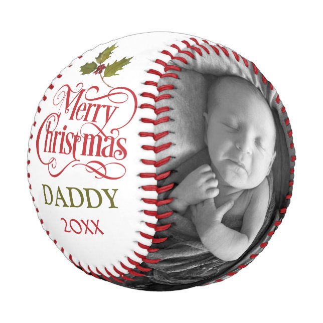 Frohe Weihnachten Daddy Red Green Typografy Foto Baseball (Schrägansicht)
