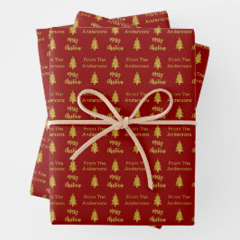 Frohe Weihnachten Deep Red und Gold Namen Bäume Geschenkpapier Set