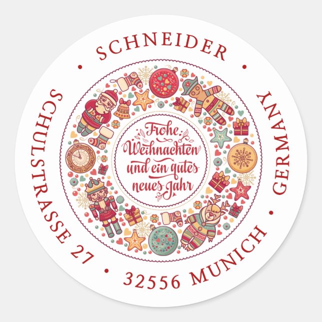 Frohe Weihnachten Deutsche Rücksendeadresse Runder Aufkleber (Vorderseite)