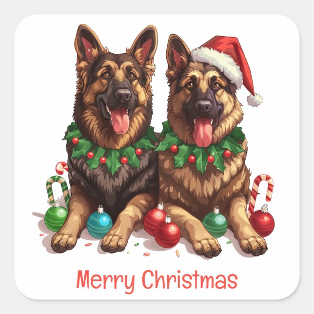 Frohe Weihnachten Deutsche Schäferhunde Quadratischer Aufkleber (Vorderseite)