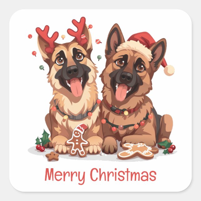 Frohe Weihnachten Deutsche Schäferhunde Quadratischer Aufkleber (Vorderseite)
