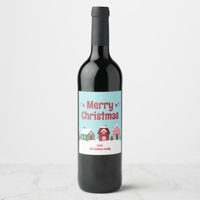 Frohe Weihnachten Dorf Wein Etikett (Vorderseite)