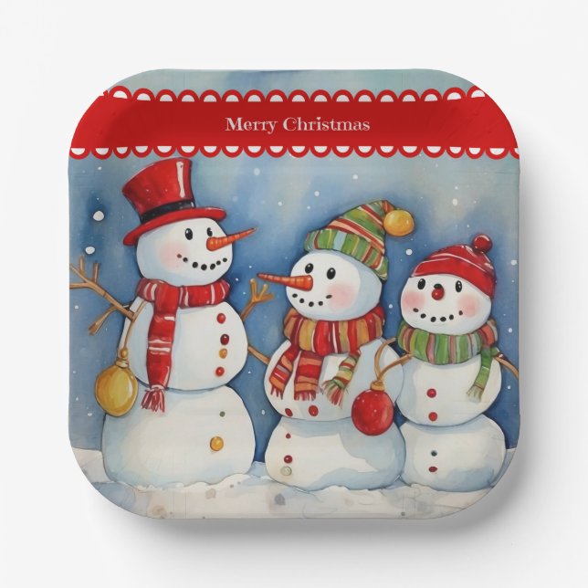 Frohe Weihnachten, drei farbige Schneemänner, Pappteller (Vorderseite)