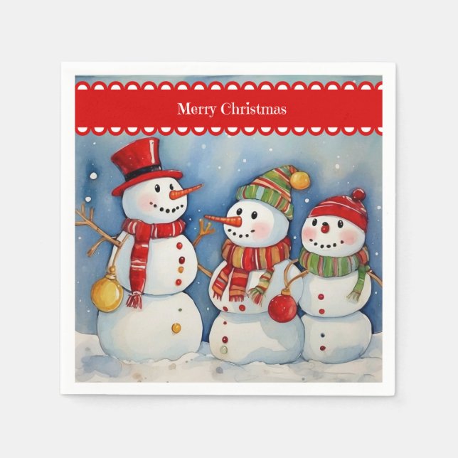Frohe Weihnachten, drei farbige Schneemänner, Serviette (Vorderseite)