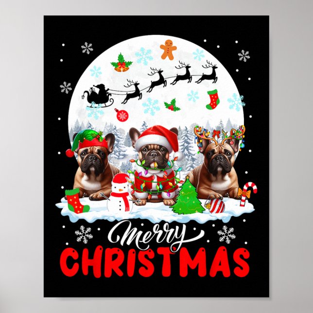 Frohe Weihnachten Drei Santa Elf Reindeer Französi Poster (Vorne)