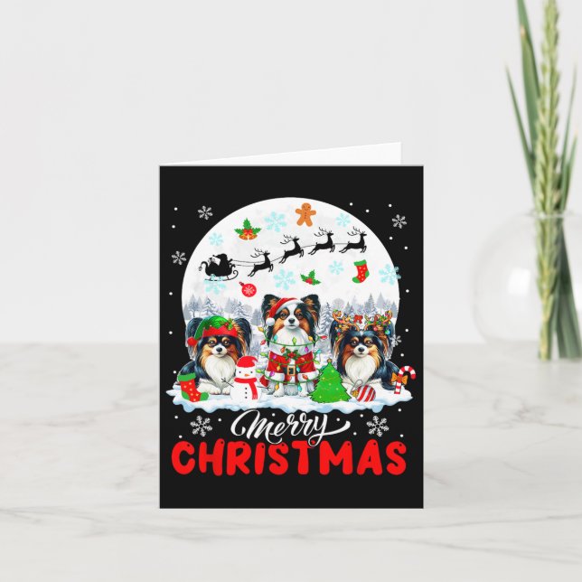 Frohe Weihnachten Drei Santa Elf Reindeer Papillon Karte (Vorderseite)
