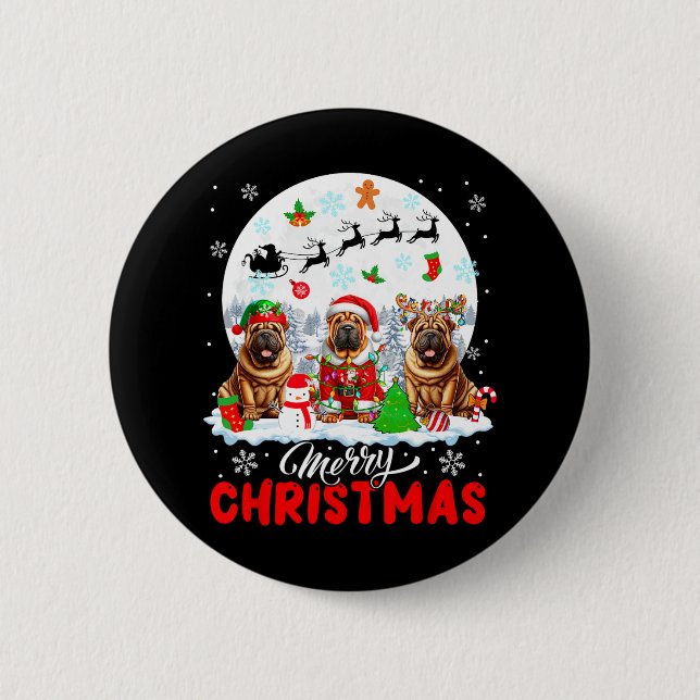 Frohe Weihnachten Drei Santa Elf Reindeer Shar Pei Button (Vorderseite)