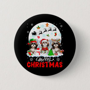 Frohe Weihnachten Drei Santa Elf Reindeer Shih Tzu Button